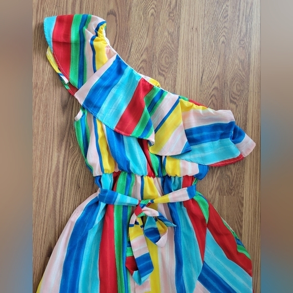 Peach Love Women's World of Color Multi Color Belted One Shoulder Dress Size L - Picture 5 of 8